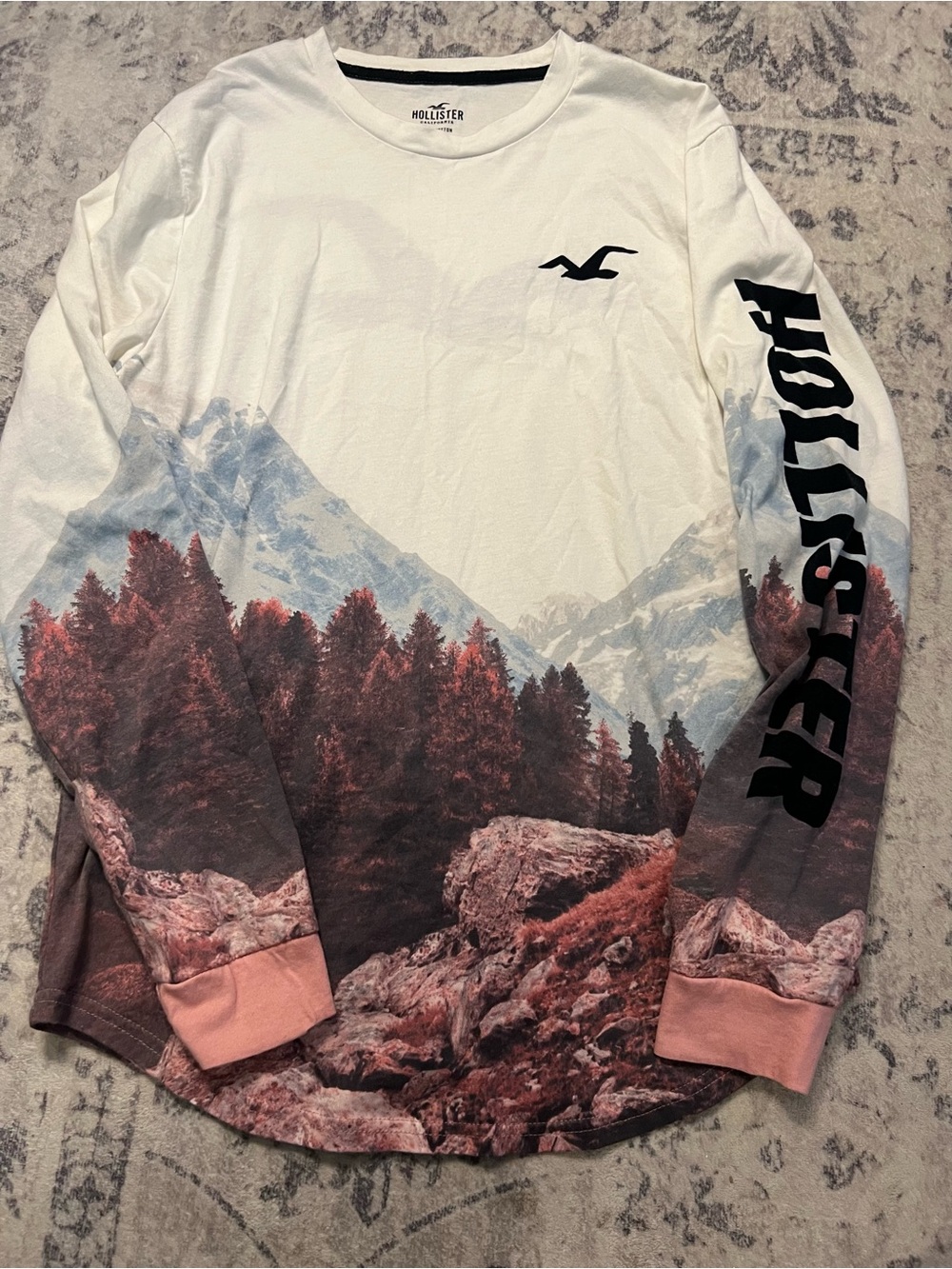 Hollister Scenic Mountain Print Long Sleeve Tee - White & Rose